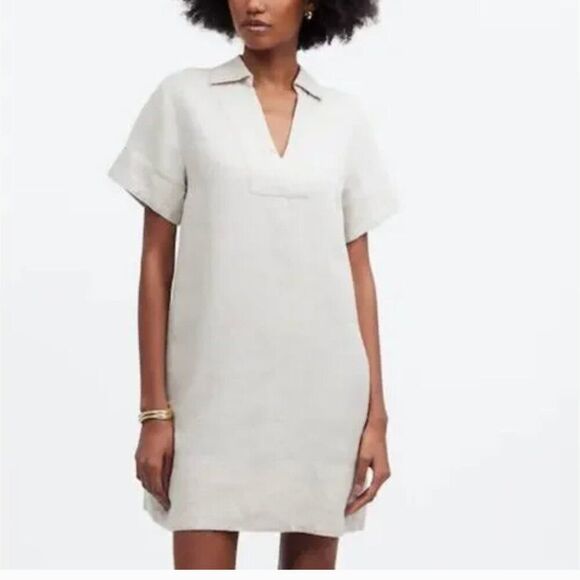 Madewell NQ627  V-Neck Mini Dress in 100% Linen in Natural size xxs - Picture 1 of 7